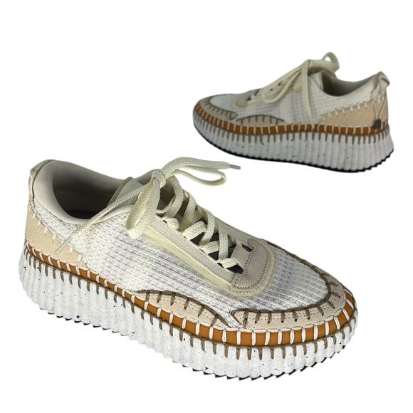 Chloe Nama Embroidered Suede And Recycled Mesh Sneakers in Soft White - Picture 2 of 15